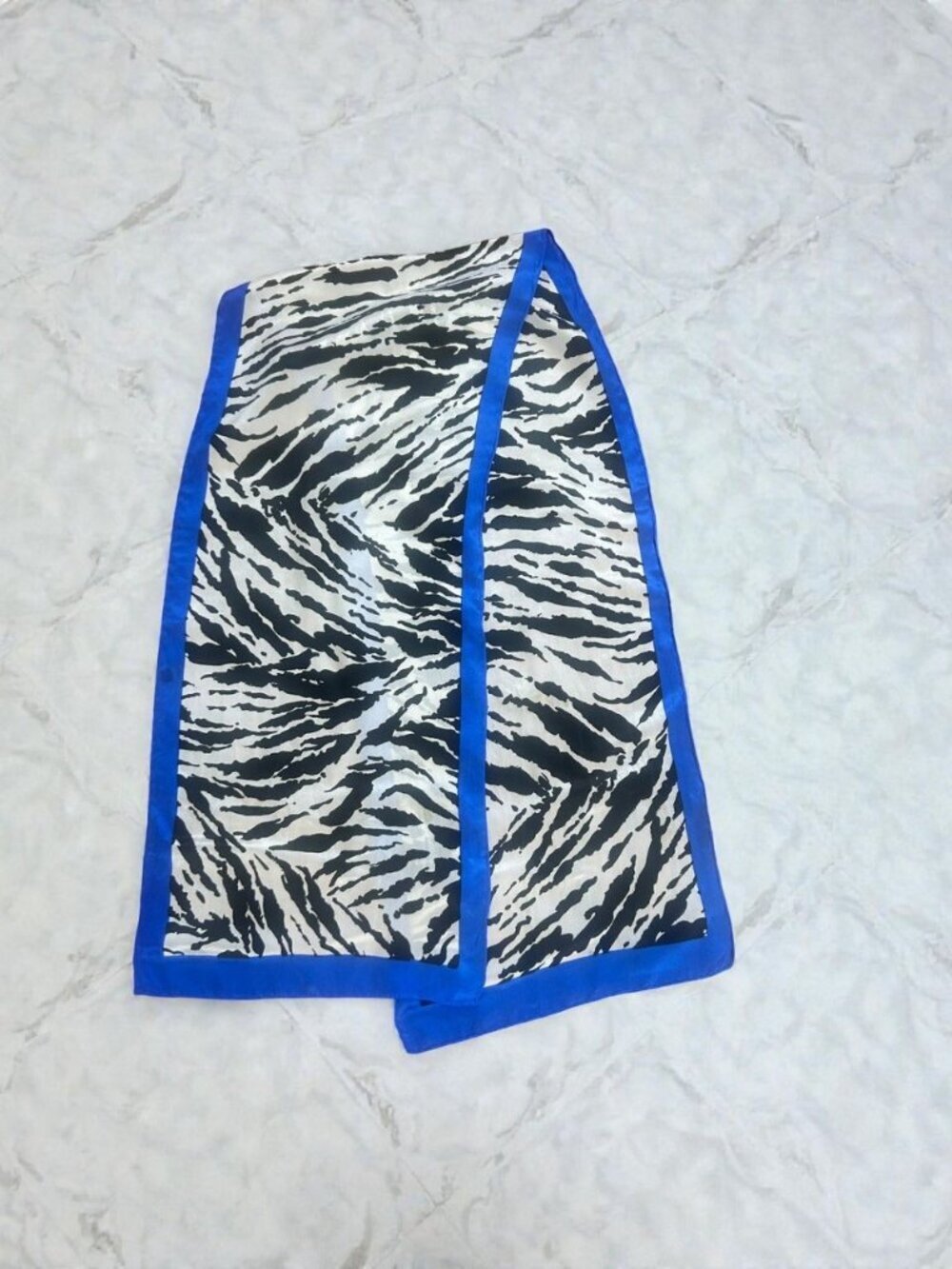 Vintage Black White Zebra Print with Blue Trim Silk Rectangular Scarf